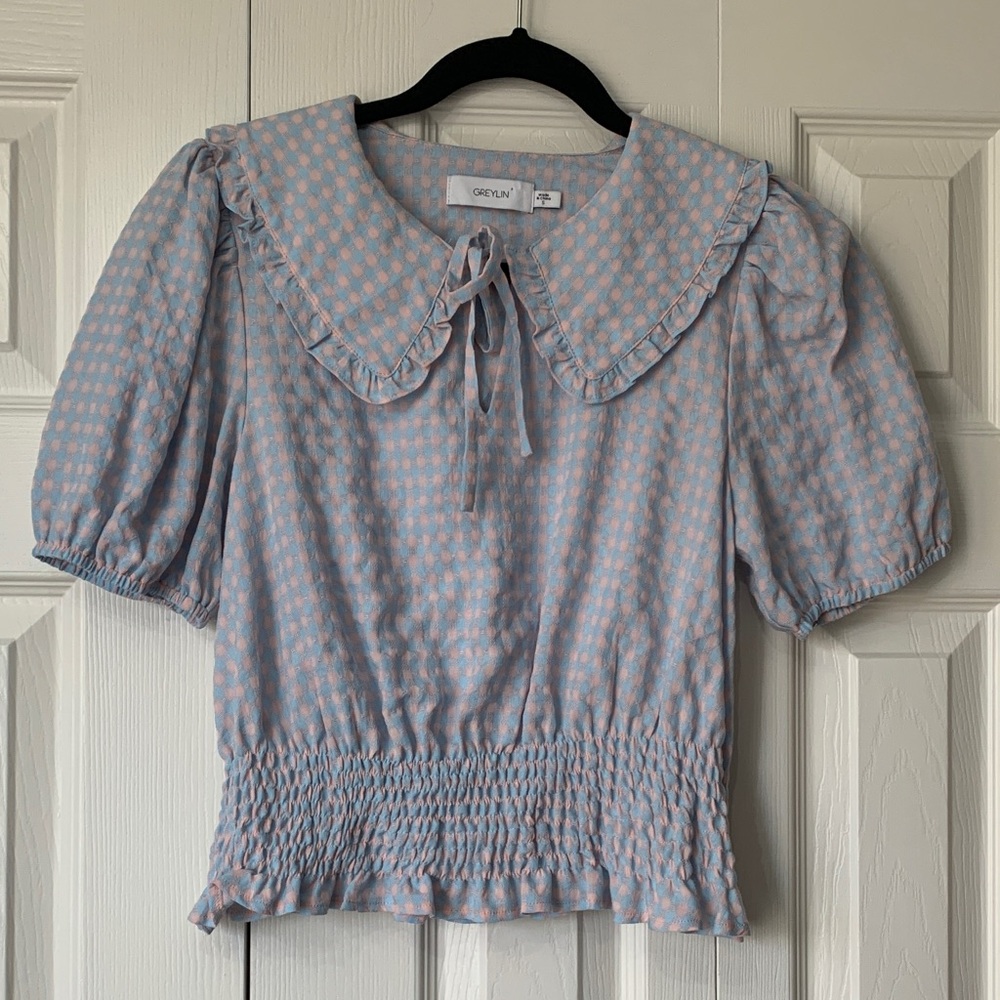 Greylin Blue and Pink Gingham Checkered Smocked Blouse Top Size S